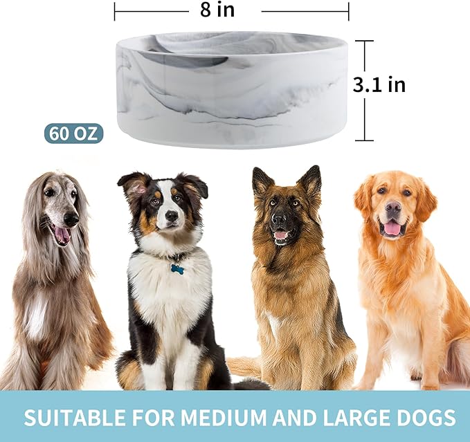 Dog Bowl Ceramic for Medium Large Breed, Heavy Weighted Dog Food Water Feeder Dish,8 in Non - Slip Modern Cute Extra Big Porcelain Pet Bowl Maze Marble Grey-PawvioPets