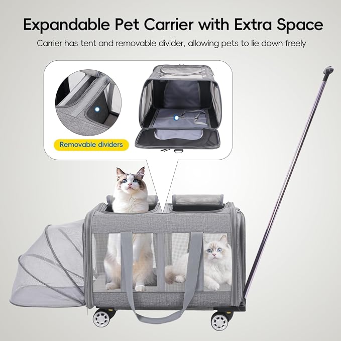 Expandable Pet Carrier with Wheels, Double Cat Dog Carrier 21"x 17"x 16" up to 40 Lbs, Rolling Pet Carrier for Cats and Dogs, Extra Large Pet Travel Carrier, Ideal for Outdoor/Travel-PawvioPets