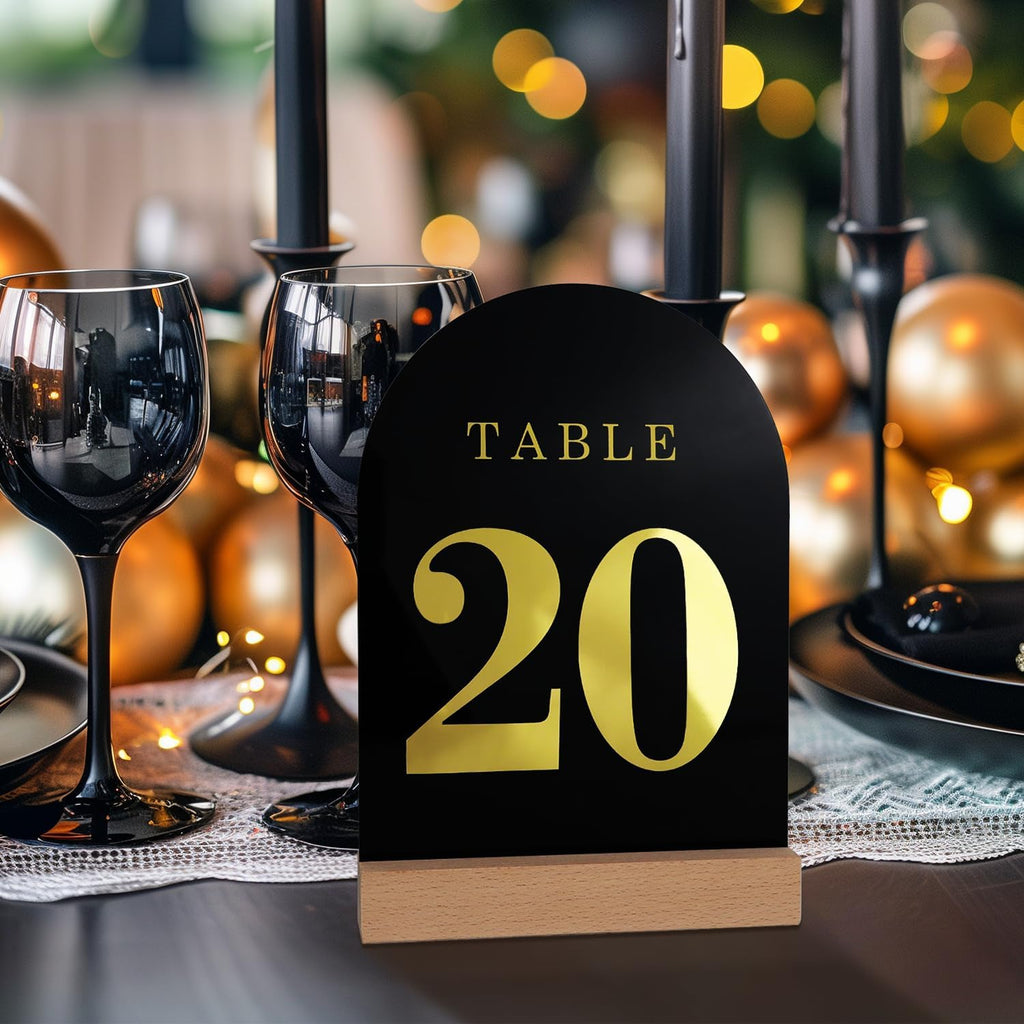 Wedding Table Numbers 1-20, Acrylic Arch Signs with Natural Wood Stands Holders, Rustic Table Decor for Reception & Parties (Black Gold)