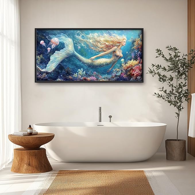 Extra Large Framed Mermaid Wall Art,Oversized Undersea Ocean Wall Decor,Colorful Coral Reefs Pictures for Living Room,Elegant Canvas Print Painting Modern Artwork Bedroom Bathroom 60L x 30W-PawvioPets