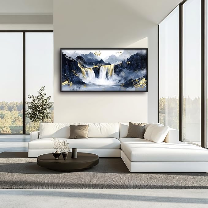 Extra Large Abstract Golden Waterfall Framed Wall Art for Living Room,Oversized Foggy Mountain Pictures Wall Decor,Canvas Print Painting Modern Artwork Bedroom Office Bathroom 60L" x 30W"-PawvioPets