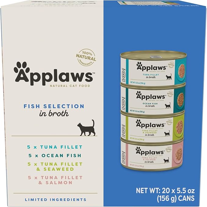 Applaws Natural Wet Cat Food in Broth, Limited Ingredient Canned Wet Cat Food, No Additives, Made with Natural Ingredients, Fish Selection in Broth Cans (20 x 5.5 oz Cans)-PawvioPets