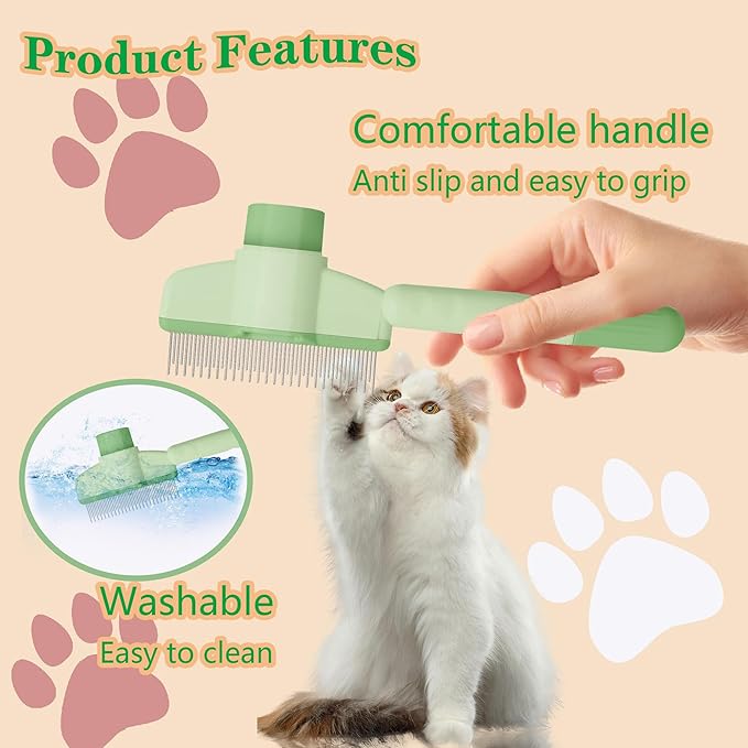 Cat Comb Dog Comb Pet Hair Removal Tool Flea Comb for Cats and Dog Lice Comb Cat Brush with Release Button Self-Cleaning with Long & Short Stainless Steel Metal Teeth for Shedding-PawvioPets