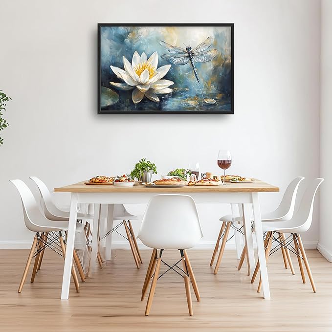 Extra Large Lotus Dragonfly Framed Wall Art for Living Room,Abstract Blue Lotus Flower Lake Pictures Wall Decor,Nature Canvas Print Painting Modern Artwork Bedroom Office Bathroom 36L" x 24W"-PawvioPets
