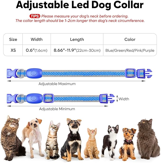 Flashseen LED Cat Collar,Light Up Dog Collar Rechargeable, Dog Lights for Night Walking, Comfortable Soft Mesh Pet Collar Adjustable for Cats Puppy and Small Dogs(Blue, XS)-PawvioPets