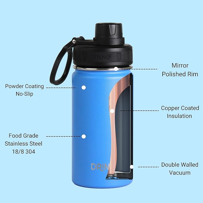 DRINCO Stainless Steel Water Bottle Spout Lid Vacuum Insulated Double Wall Water Bottle Wide Mouth (40oz 32oz 22oz 18oz 14oz) Leak Proof Keeps Cold or Hot (14 oz, 14oz Royal Blue)-PawvioPets