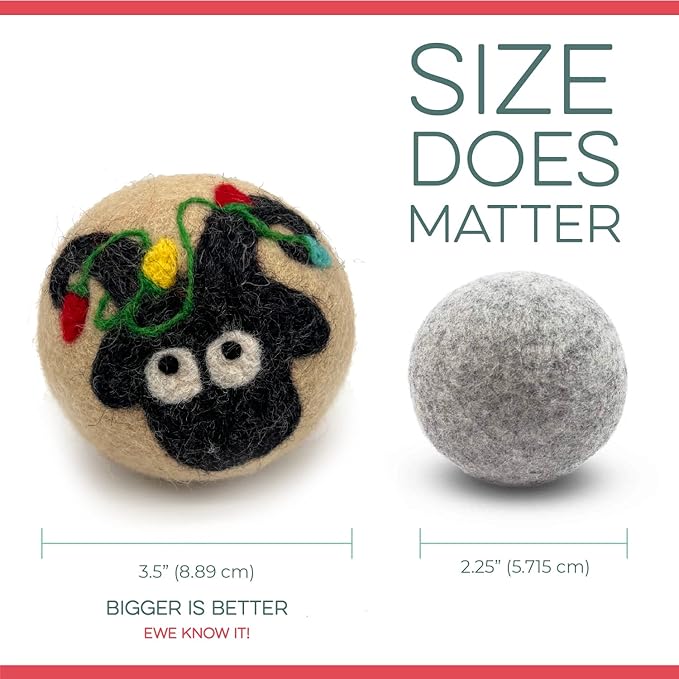 Fluff Ewes Wool Dryer Balls 6 Pack Premium New Zealand Wool Laundry Balls for Dryer, No Static Dryer Balls Laundry Reusable, XL Christmas Dryer Balls, Holiday Dryer Balls - Sheep in Heavenly Peace-PawvioPets