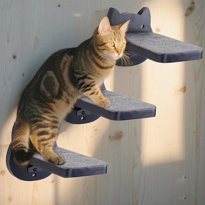 ESPETS Black Painted Solid Wood Cat Wall Climbing Steps Set of 3 - Wall Mounted Cat Floating Furniture Shelves and Perches, Sturdy Climber Stairs Ladders - Holds up 30lbs-PawvioPets