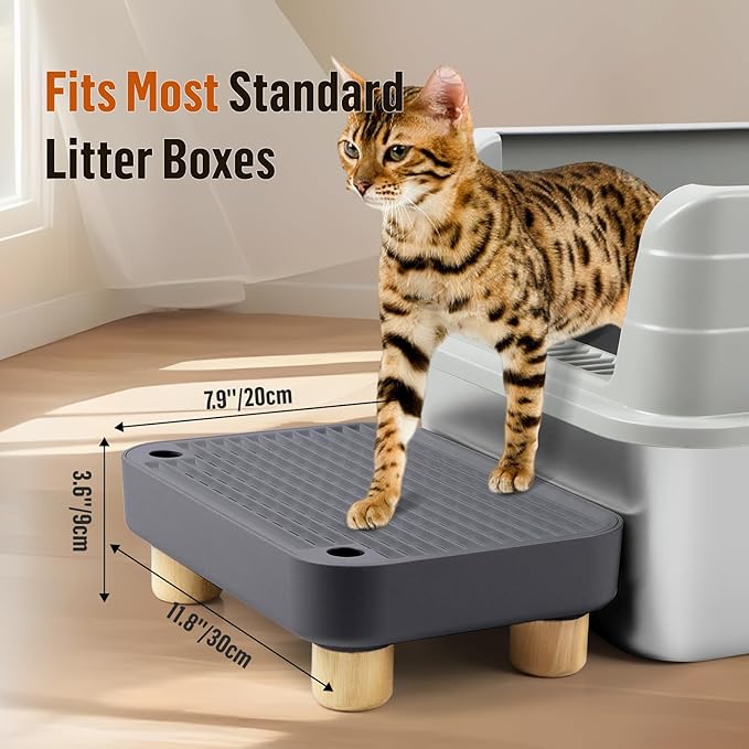 Cat Litter Box Step Ramp, Cat Litter Catcher Mat with Wooden Feet, Filter Function, Cat Pedal Stool for Self-Cleaning Cat Litter Box, Ideal for Kitten & Elderly Cats (Dark Grey)-PawvioPets