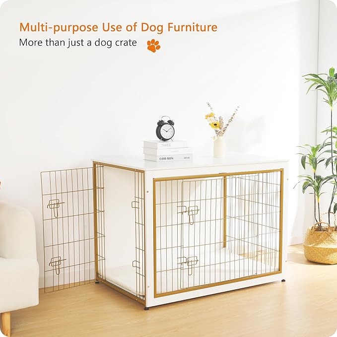 DWANTON Dog Crate Furniture with Cushion, Wooden Kennel Table with Double Doors, Indoor Dog House, Extra Large Size, 43.3" L, White+Gold-PawvioPets