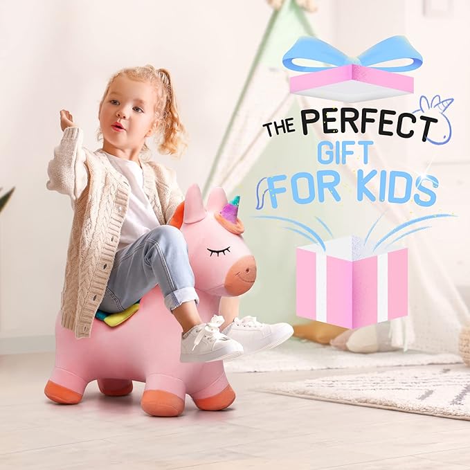 EVERICH TOY Bouncy Horse Unicorn Toys, Inflatable Bouncing Animal Hopping Toys, Outdoor Indoor Ride on Bouncer, Boys Girls Birthday Gift for 18 Month 2 3 4 5 6 Year Old Kid- Plush Unicorn Toy-PawvioPets