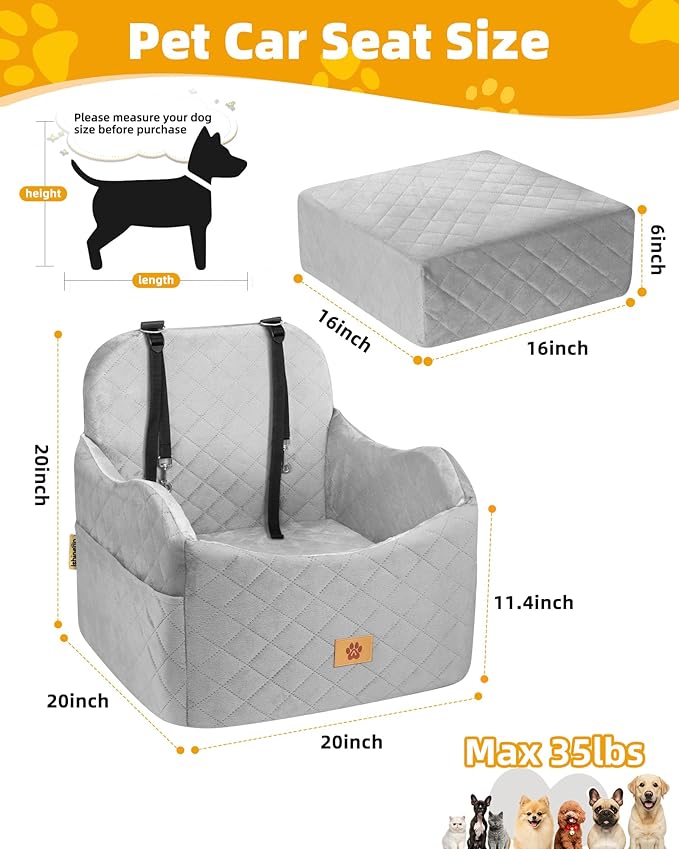 Car Seat Booster for Dog: High-Support Memory Foam Pet Car Seat for Small/Medium Dogs Under 35lbs with Elevated Cushion - Detachable Washable Puppy Travel Bed for Driving with Pockets (Grey)-PawvioPets