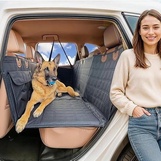 APetsPlanet Dog Car Seat Cover for Back Seat Hard Bottom - Waterproof Backseat Extender for Dogs - Pet Hammock for Car, Truck, SUV - Protector Bed with Mesh Window & Storage - Black, with Door Covers-PawvioPets