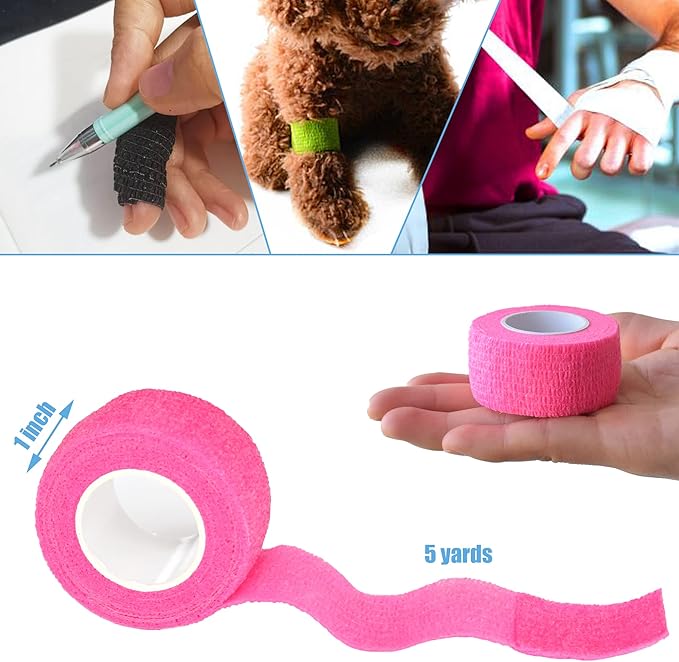 9 Pack 1" x 5 Yards Self Adhesive Bandage Wrap Self Stick Wrap for Ankle, Wrist, Finger, Sports, Breathable Cohesive Vet Tape for Pets (Pink)-PawvioPets