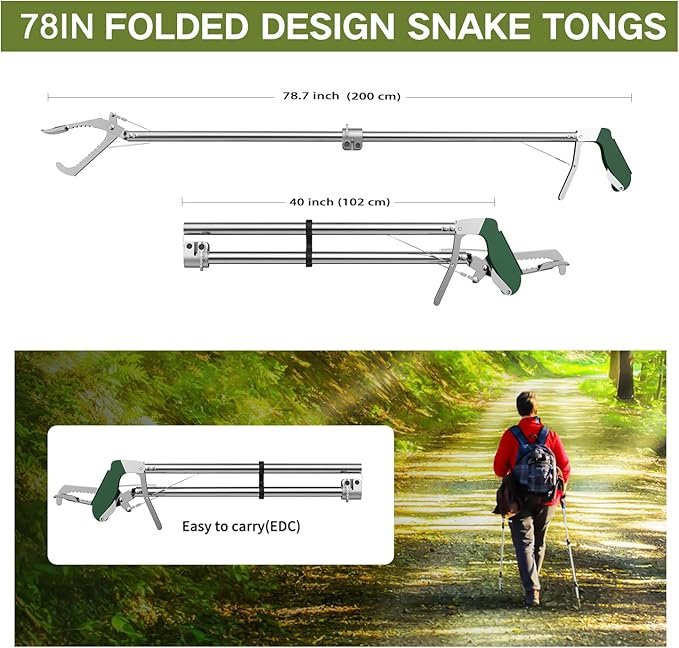 78“ Snake Tongs Collapsible Grabber, Professional Reptile Snake Catcher Wide Jaw Handling Tool, Stainless Steel Snake Hook-PawvioPets