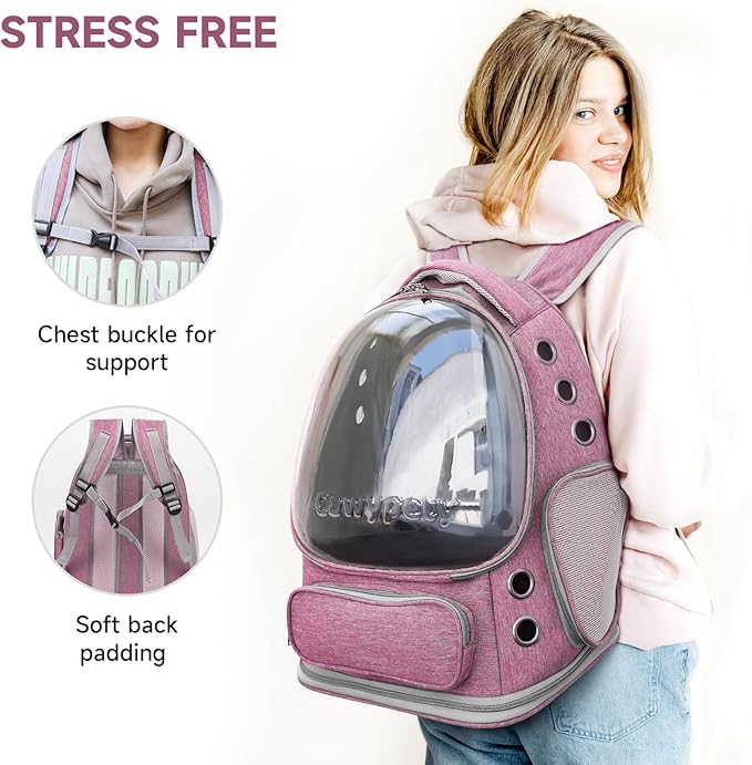 Cat Backpack Carrier, Breathable Cat Carrier Large Space Bubble Pet Backpack for Kitty Small Dog up to 15lbs, Transparent & Foldable Pet Carrier for Travel Hiking（Pink）-PawvioPets