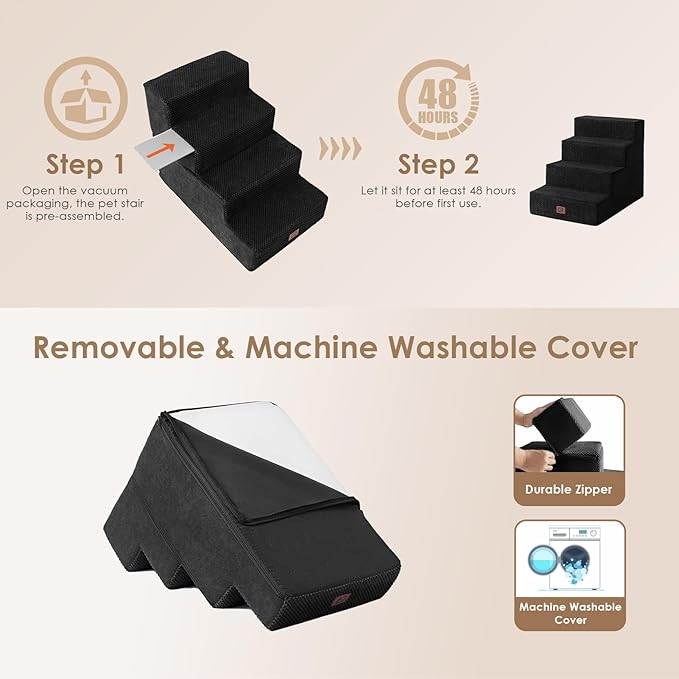 EHEYCIGA Dog Stairs for Bed 18" H, 4-Step Dog Steps for High Bed, Pet Steps for Small Dogs and Cats, Non-Slip Balanced Pet Ramp Indoor, Black-PawvioPets