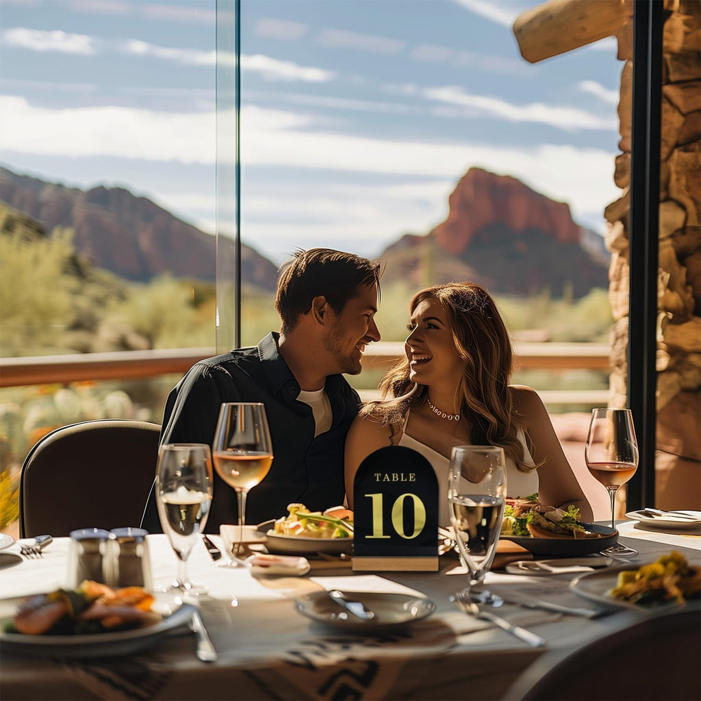 Wedding Table Numbers 1-20, Acrylic Arch Signs with Natural Wood Stands Holders, Rustic Table Decor for Reception & Parties (Black Gold)