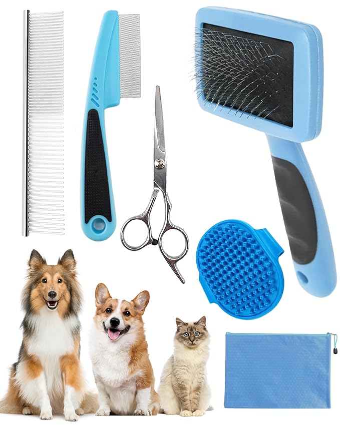 Dog Brush for Shedding Grooming,6 Pack Long-Pin Brush Set for Long Haired Dog Cat Goldendoodles Poodles Doodles Blue-PawvioPets