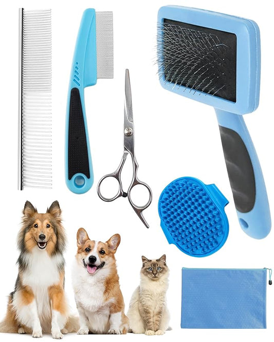 Dog Brush for Shedding Grooming,6 Pack Long-Pin Brush Set for Long Haired Dog Cat Goldendoodles Poodles Doodles Blue-PawvioPets
