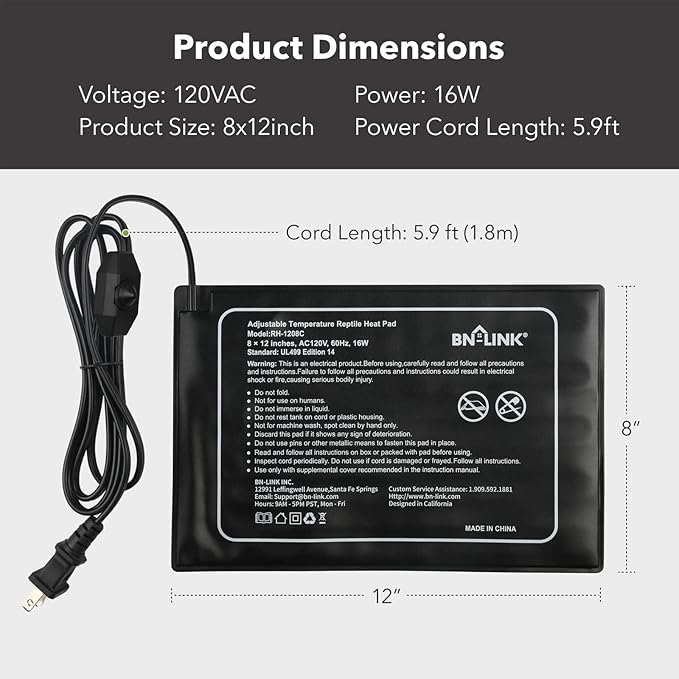 BN-LINK Reptile Heating Pad 8" X 12" with Adjust Knob, Adjustable Temperature Electric Indoor Under Tank Terrarium Heating Mat Waterproof for Turtles, Lizards, Frogs, and Other Reptiles-PawvioPets