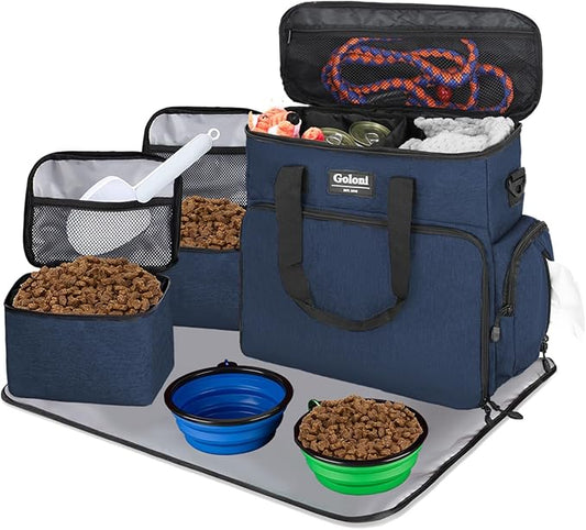 Dog Travel Bag Airline Approved–Pet Travel Tote with Collapsible Bowls,Food Containers & Feeding Mat–Multi-Pocket Organizer for Dogs & Cats, Durable & Water-Resistant for Hiking,Trips,Outdoors-PawvioPets
