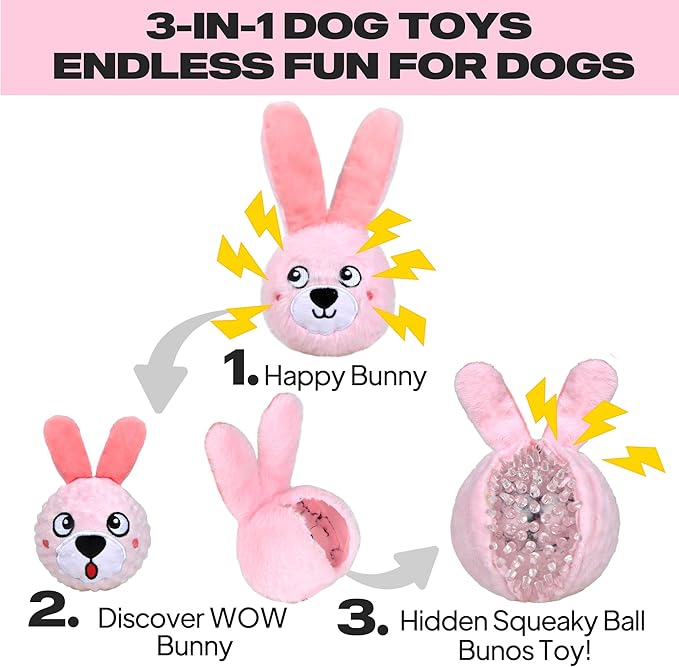 Fida Squeaky Dog Toys for Aggressive Chewers 3 in 1, Dog Chew Toys with 3 Layers,Interactive Dog Toys for Large Dogs Balls to Keep Them Busy for Small Medium Dogs(Pink Bunny)-PawvioPets