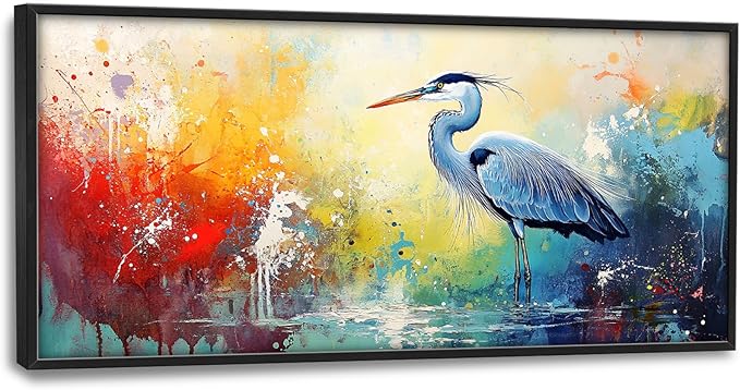 Extra Large Framed Abstract Heron Wall Art,Oversized Colorful Graffiti Heron Wall Decor Pictures for Living Room,Canvas Print Painting Modern Artwork Bedroom Office Bathroom Home Decor 60L x 30W-PawvioPets
