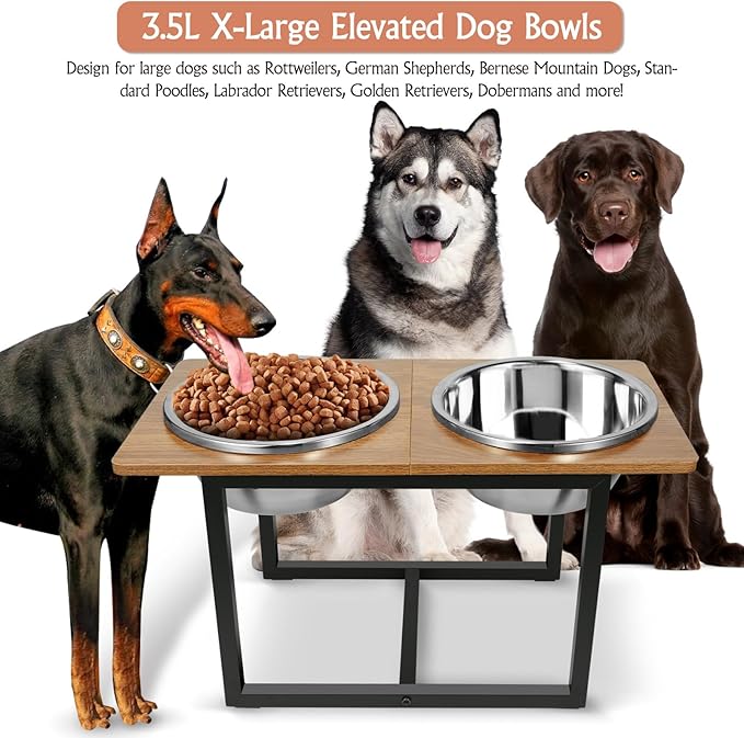 Elevated Dog Bowls for Large Dogs, Raised Dog Bowl Stand with Two X-Large Stainless Steel Bowls for Dogs, 3.5L Capacity, Rustic Walnut-PawvioPets