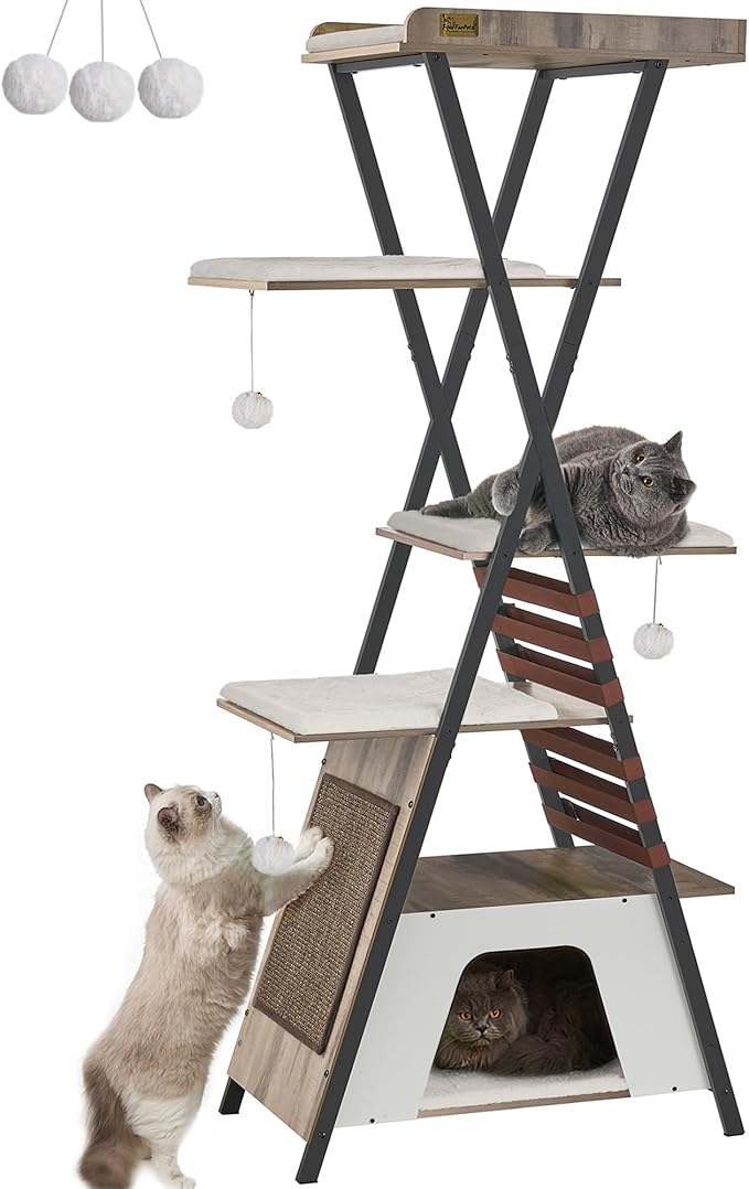 FourFurPets 72.4" Cat Tree, Modern Cat Tower for Indoor Cats, Multi-Level Cat Condo with Caves, Tall Cat Tree with Cat Scratching Board, Wooden Cat Tower with Large Perch, Removable Pads, Camel Brown-PawvioPets