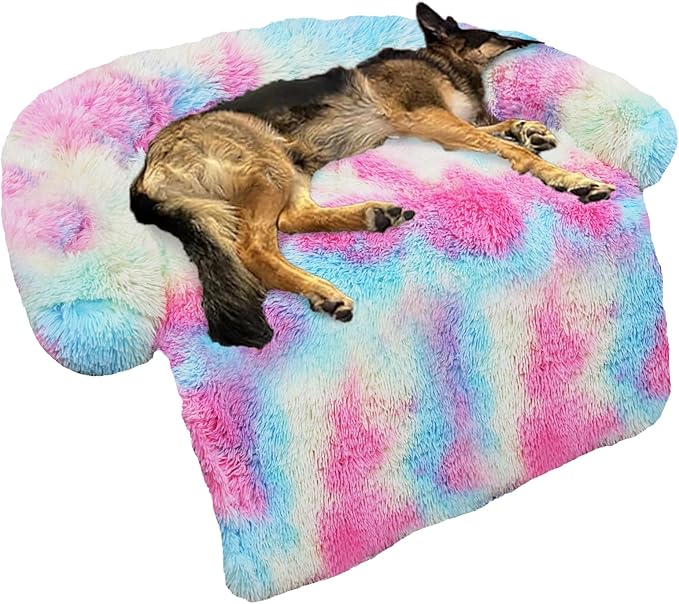 GGIB Calming Dog Bed Fluffy Plush Dog Mat for Furniture Protector with Removable Washable Cover for Large Medium Small Dogs and Cats (Large, Rainbow)-PawvioPets