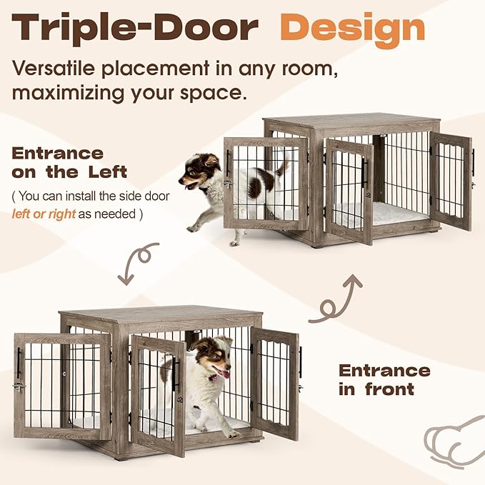 Dog Crate Furniture with Cushion, 32 inch Wooden Kennel Table with Double Doors, Indoor Dog House End Table for Small/Medium Dog, Grey (32x23x26in)-PawvioPets