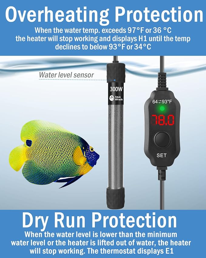 AquaMiracle Adjustable 300W Aquarium Heater Submersible Fish Tank Heater Super Short Aquarium Heater with LED Digital Display Thermostat, for Tanks 40-60 Gallons-PawvioPets