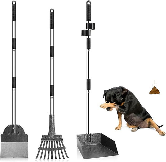 Dog Pooper Scooper, Adjustable Handle Poop Scooper with Tray,Rake and Spade Set of 3, Steel Stainless Poop Scoop for Small Medium Dogs and Pet Waste on Grass, Dirt and Gravel (Medium Size)-PawvioPets