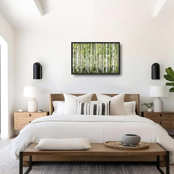 Extra Large Birch Tree Framed Wall Art for Living Room,Oversized Green Aspen Trees Forest Pictures Wall Decor,Canvas Print Painting Modern Artwork Bedroom Office Bathroom 36L" x 24W"-PawvioPets