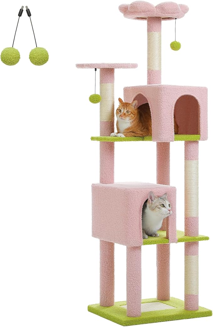 Flower Cat Tree, 62-Inch Large Cat Tower for Multi-Cat Households w/Scratching Posts, Multi-Level Cat Condo w/Cozy Top Perch & Scratching Pad, Padded Platform, 2 Pompoms, Pink-PawvioPets