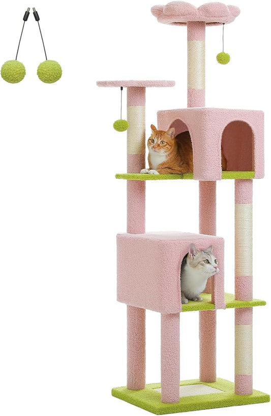 Flower Cat Tree, 62-Inch Large Cat Tower for Multi-Cat Households w/Scratching Posts, Multi-Level Cat Condo w/Cozy Top Perch & Scratching Pad, Padded Platform, 2 Pompoms, Pink-PawvioPets