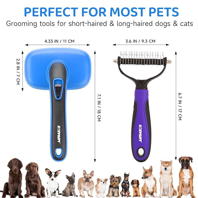 Dog Brush Kit – 3 PCS Grooming Set with Self-Cleaning Brush, Undercoat Rake & Pet Bath Brush. Great for Shedding, Tangles & Dirt Removal – Ideal for Long & Short Haired Dogs & Cats, Blue-PawvioPets