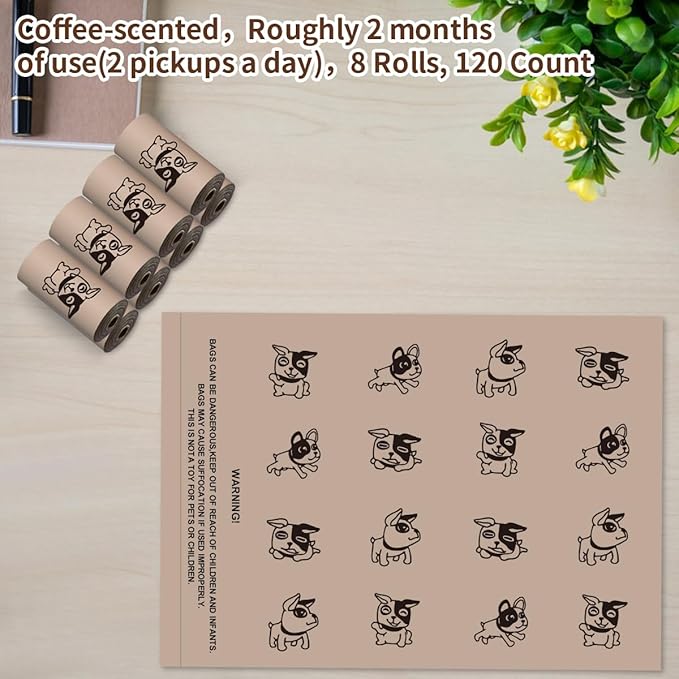Coffee Dog Poo Bags Coffee scent - 120 Large Biodegradable Poop Bags, Extra Thicken Strong Corn Starch Blended Compostable Leak Proof Poop Waste Bag for Dogs-PawvioPets