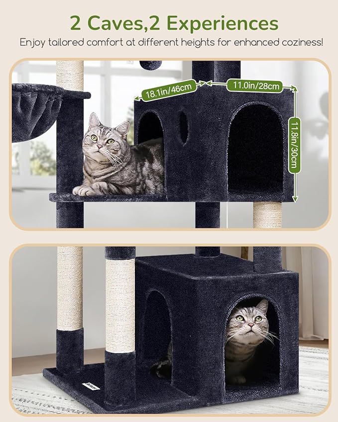 Globlazer Heavy Duty Cat Tree Tower, 73in Tall Cat Tree for Indoor Cats Large Adult, Cat Condo for Large Cats with 5 Scratching Posts, 2 Cat Caves, 2 Padded Perches, 2 Hanging Baskets, F73, Dark Gray-PawvioPets