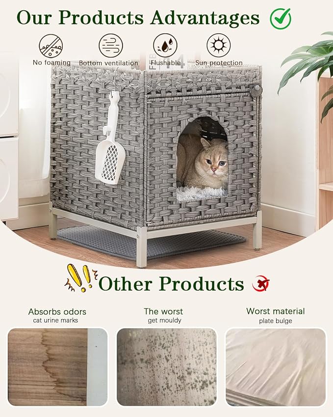 Cat Litter Box Enclosure Hidden Litter Box Furniture with Metal Heightened Feet, Rattan Handwoven Cat House with Litter Mat, Hidden Litter Box Furniture for Bedroom Living Room Gray-PawvioPets