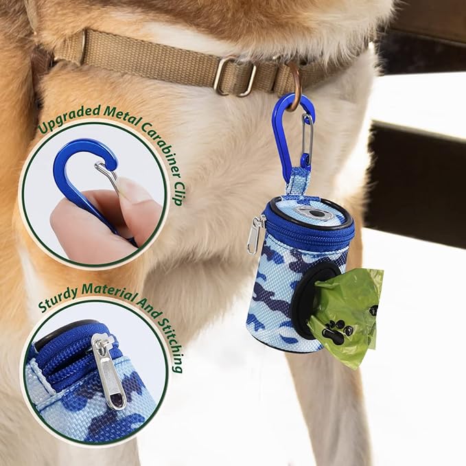 Dog Poop Bag Holder for Leash Doggie Waste Bag Dispenser Puppy Potty Carrier Small Doggy Zipper Pouch with Carabiner Clip 1680D Nylon Oxford with 1 Roll of Pet Trash Bags, Sky Blue Camo-PawvioPets