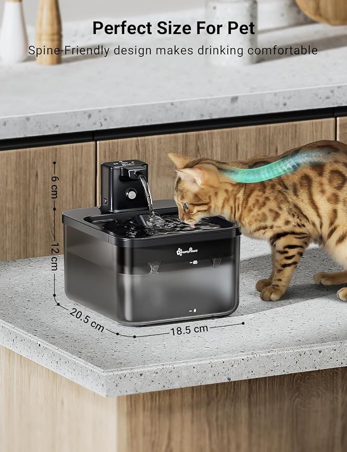 DownyPaws Battery Operated Cat Water Fountain, 84oz/2.5L Fursink Wireless Cat Waterer Fountain with Motion Sensor, BPA-Free, Black with 6 Filters-PawvioPets