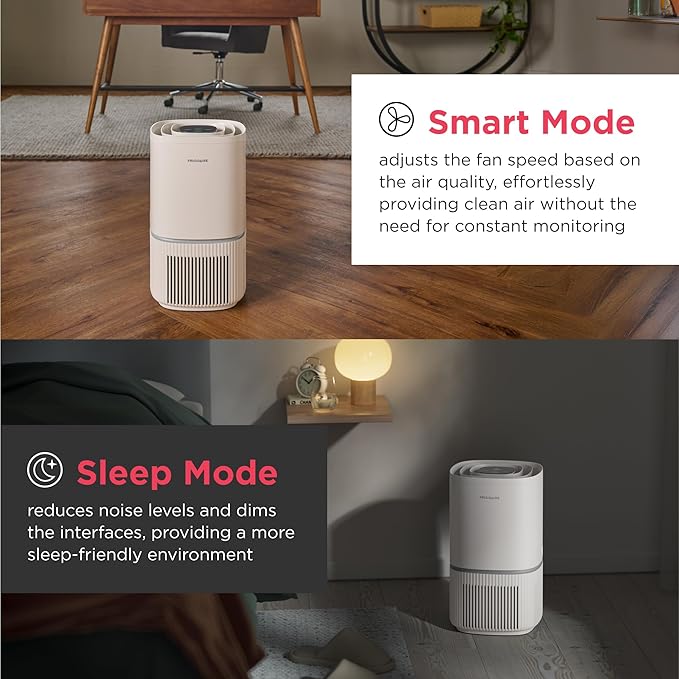 Frigidaire PureA300 HEPA Air Purifier for Small Bedrooms, Covers up to 850 Sq. Ft., 3-Stage Filtration, Energy Star Certification, Air Quality Monitoring, Smart Mode, Ultra Quiet, White-PawvioPets