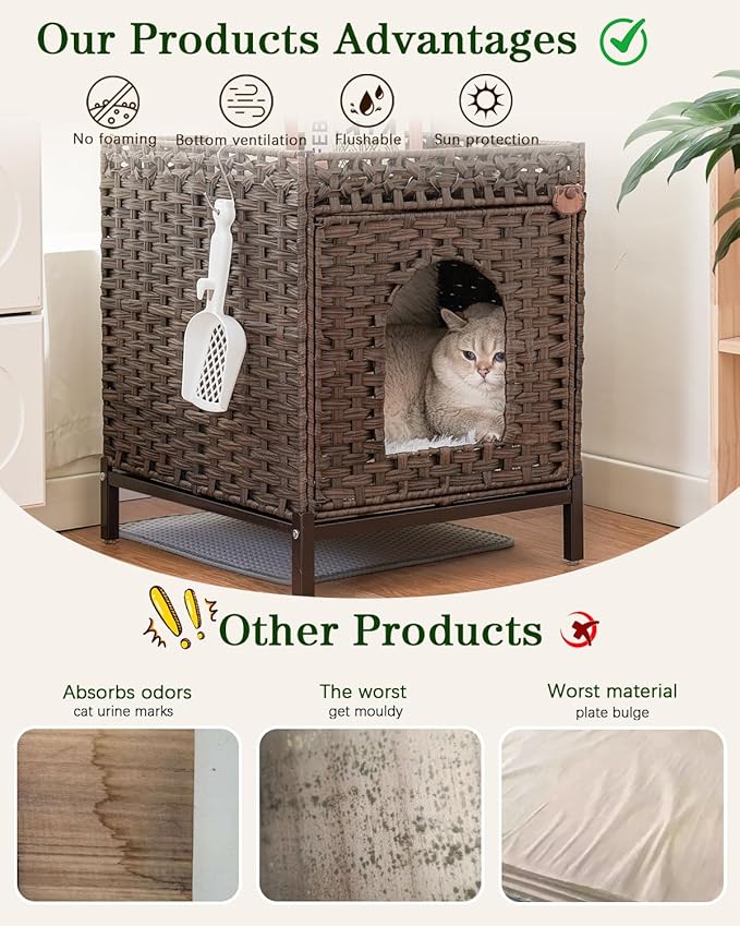 Cat Litter Box Enclosure Hidden Litter Box Furniture with Metal Heightened Feet, Rattan Handwoven Cat House with Litter Mat, Hidden Litter Box Furniture for Bedroom Living Room Brown-PawvioPets