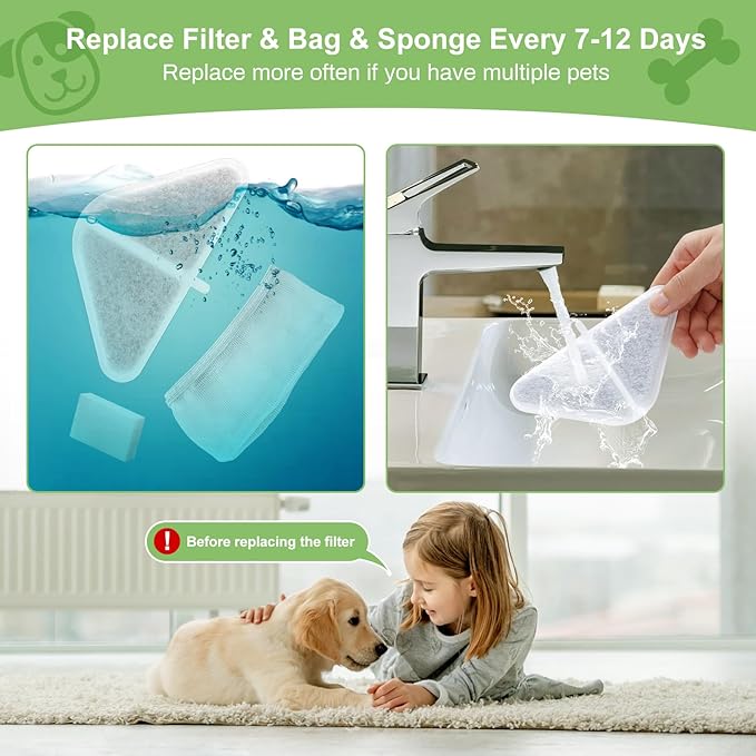 12 Sets of Replacement Filters for 230oz/7L Dog Water Fountain, GISOFIK Cat Water Fountain Filter, 5 Layers Filtration System Pet Fountain Filters Replacement (12 Filters+12 Mesh Bag+14 Sponge)-PawvioPets