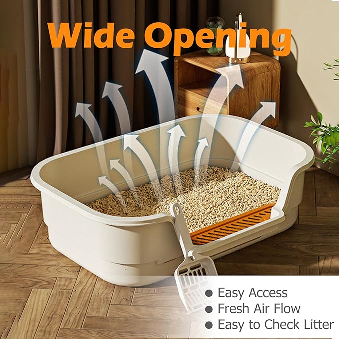 Extea Large Cat Litter Box with High Sides,Cat Boxes for Indoor Cats,Cat Litter Pan for Kitty,Litter Box with Low Entry,Easy to Clean,Anti-Splashing,23.6" x15.7" x6.2" (White)-PawvioPets