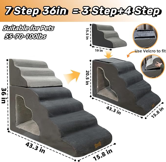 7-Step Dog Stairs for 36 Inch High Beds Small Dogs, Pet Ramp Stairs 20-42 Inch Couch Bed, Non-Slip Balanced Stairs 75lbs for Small Old Large Dogs Cats to Get on Bed-PawvioPets