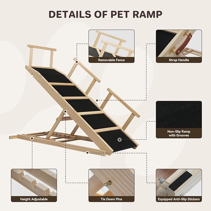 Dog Ramp for Bed PANTAZO Adjustable Ramps for Small Dogs to Get on Bed, Up to 28.5 Inches, 48'' Long,120lbs with Anti-Slip Grip & Safety Rail-PawvioPets