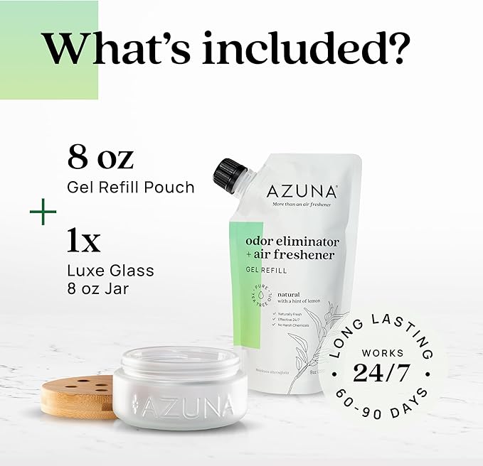Azuna Air Freshener & Odor Eliminator for Strong Odor | 1 Room Kit Includes (1) Empty Luxe Glass Jar & 8oz Refill with Tea Tree Essential Oil Gel | Natural Scent | Last 60-90 Days-PawvioPets